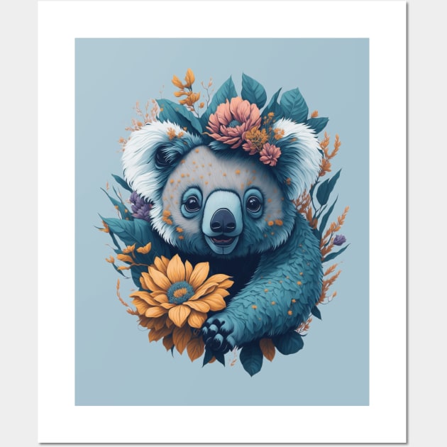 Cute smiling Koala bear with florals and foliage t-shirt design, apparel, mugs, cases, wall art, stickers, travel mug Wall Art by LyndaMacDesigns